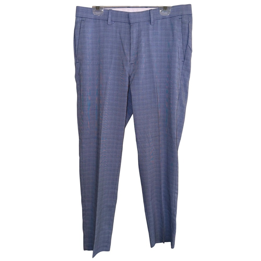Kenneth Cole Dress Pants Workwear Mens 34x30 Blue Glen Plaid Slim Fit Stretch